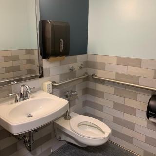 A clean and modern bathroom with a sink, toilet, and safety handrails.