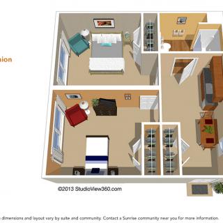 A 3D floor plan of a two-bedroom apartment showcasing the arrangement of rooms including a kitchen, living area, and bedrooms.