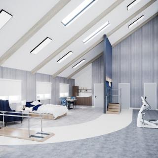 A spacious and modern bedroom featuring sleek furnishings and ample natural light.