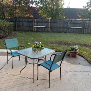 A cozy backyard patio with a table and chairs, surrounded by greenery.