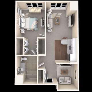 A 3D floor plan of a one-bedroom apartment featuring a bedroom, bathroom, kitchen, and living room.