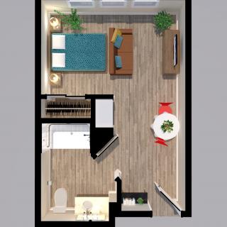 A studio apartment floor plan featuring a combined bedroom and living area, kitchenette, dining space, and bathroom.