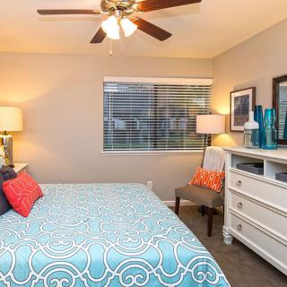 A modern bedroom with blue and white bedding, featuring a ceiling fan, dresser, and lamps.