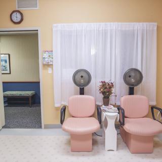 A vintage-style salon waiting area with two pink chairs and hair dryers, adorned with flowers.