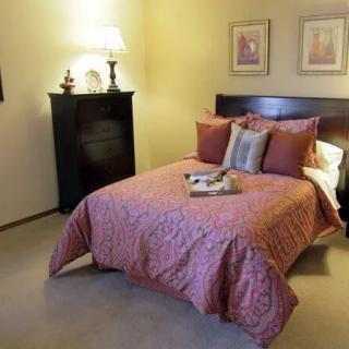 A cozy bedroom with a neatly made bed, decorative pillows, and a lamp on the nightstand.