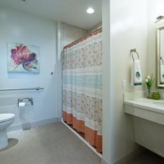 A modern bathroom with a colorful shower curtain, toilet, and sink area.