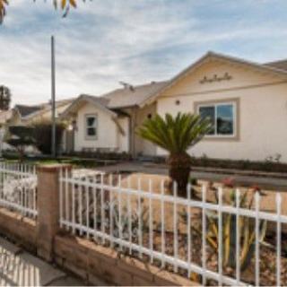 A suburban house with a fenced front yard and a palm tree.