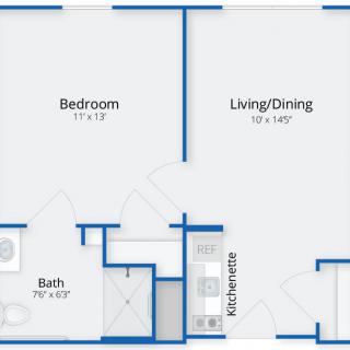 A floor plan of a one-bedroom apartment featuring a bathroom, kitchenette, and combined living/dining area.