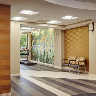 A modern waiting area with comfortable seating and a decorative wall featuring natural elements.