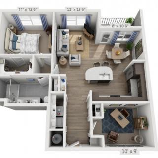 A 3D floor plan of a one-bedroom apartment featuring a living room, kitchen, dining area, bathroom, and balcony.