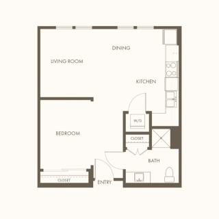 A floor plan of a one-bedroom apartment featuring a living room, kitchen, and bathroom.
