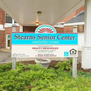 Sign for Stearns Senior Center, an assisted living facility.