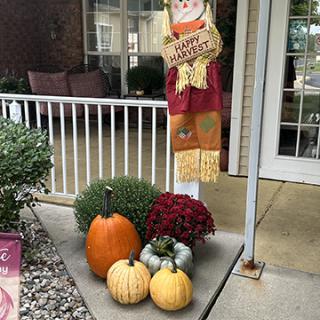 A picturesque fall display featuring vibrant pumpkins, cheerful mums, and a friendly scarecrow welcoming the season.