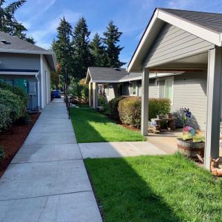 A quiet suburban neighborhood with a sidewalk, houses, and well-maintained lawns.