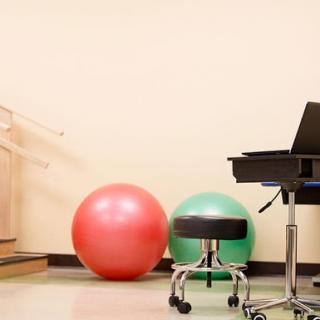 A fitness area featuring exercise balls and a workstation.