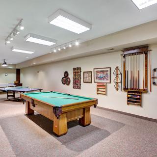 A well-designed billiards room featuring a green pool table, decorative wall art, and neatly arranged cue sticks.