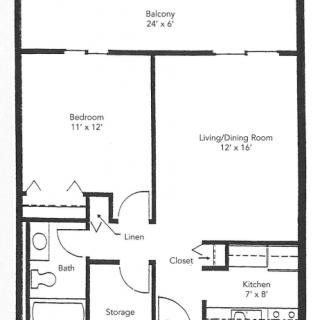 A simple floor plan of a one-bedroom apartment, showing room dimensions and layout.
