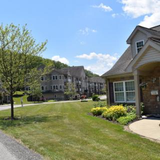 A serene suburban neighborhood with well-maintained houses and lush greenery under a clear blue sky.