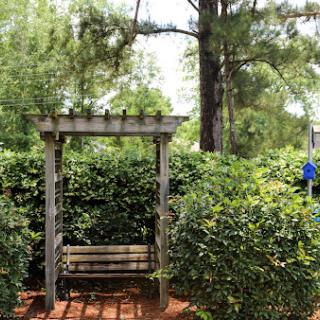 A serene wooden swing nestled among lush green shrubs in a peaceful garden.