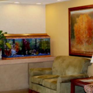 A cozy waiting room featuring an aquarium and a painting on the wall.