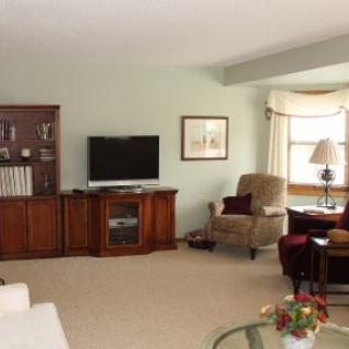 A cozy living room with a TV, armchair, and decorative furnishings.