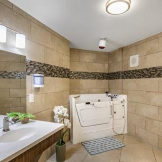 A modern bathroom featuring an accessible bathtub with beige tile walls and decorative elements.