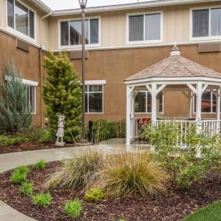 A neatly landscaped garden with a gazebo and surrounding plants in front of a residential building.