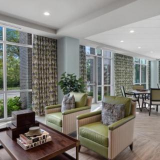 A modern living room with green chairs and large windows allowing natural light.