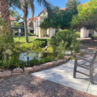 A serene outdoor garden with a pond, surrounded by lush greenery and a bench for relaxation.