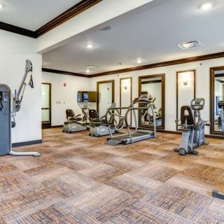 A spacious and modern gym equipped with various exercise machines, including treadmills and weight stations.