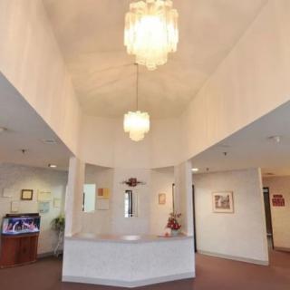 A modern reception area with a central chandelier and welcoming desk.