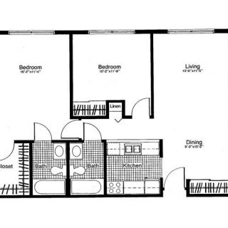 A floor plan layout of an apartment detailing bedrooms, living area, dining room, and bathrooms.