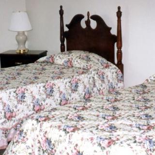 A bedroom with twin beds, each featuring floral bedspreads and wooden headboards, accompanied by a lamp on a nightstand.