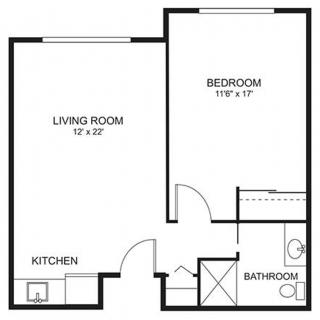 A simple floor plan of a one-bedroom apartment, including a living room, kitchen, bedroom, and bathroom.