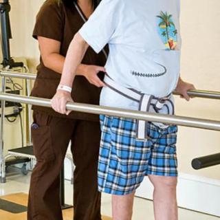 A therapist assists a patient during a physical therapy session using parallel bars for support.