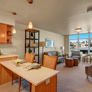 A modern open-concept apartment with a combined kitchen, dining, and living area, featuring contemporary furniture and ample natural light.