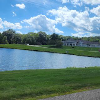 A serene view of a lake surrounded by lush greenery and a blue sky filled with clouds.