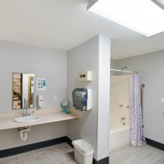 An accessible bathroom with a sink, shower, and hygiene dispensers.