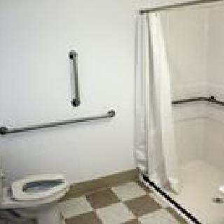 An accessible bathroom with grab bars, a toilet, and a shower with a curtain.