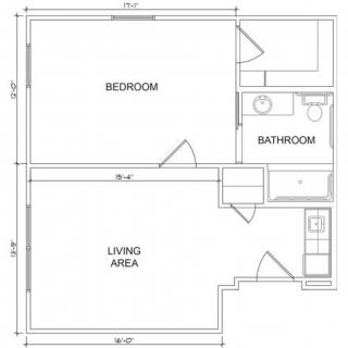 A simple floor plan showing a layout with a bedroom, bathroom, and living area.