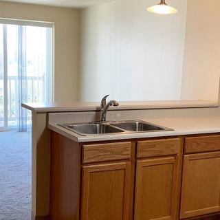 A bright kitchen area with wooden cabinets and a double sink, leading to a carpeted living space.