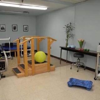 A physical therapy room with various exercise equipment including parallel bars and a large exercise ball.