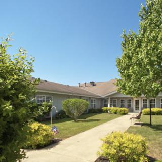 A sunny day view of a house surrounded by well-maintained gardens and trees.