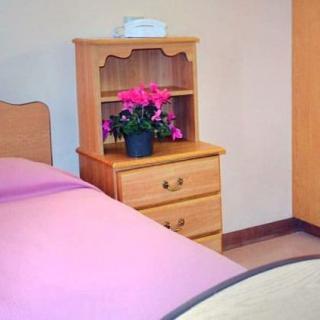 A cozy bedroom scene featuring a wooden nightstand with a flowerpot and a bed covered in a pink blanket.
