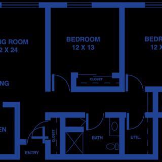 Blueprint of a house layout with labeled rooms and dimensions.