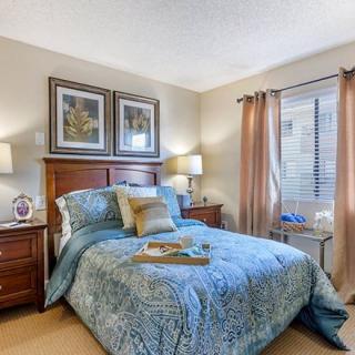 A cozy bedroom with a wooden bedframe, two bedside tables, and lamps. The bed is made with blue and white bedding. Two paintings hang above the bed, and a window with curtains lets in natural light.