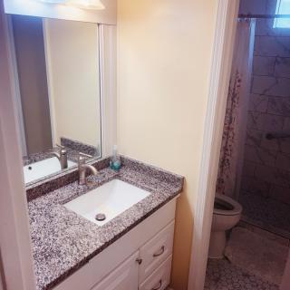 A modern bathroom with a granite countertop sink and a shower.