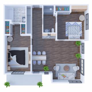 A modern floor plan of a two-bedroom apartment with a kitchen, living area, and bathroom.