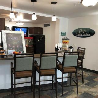 A cozy cafe bar area with a counter and high chairs.