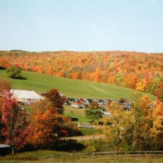 A picturesque autumn landscape showcasing vibrant fall foliage on rolling hills.